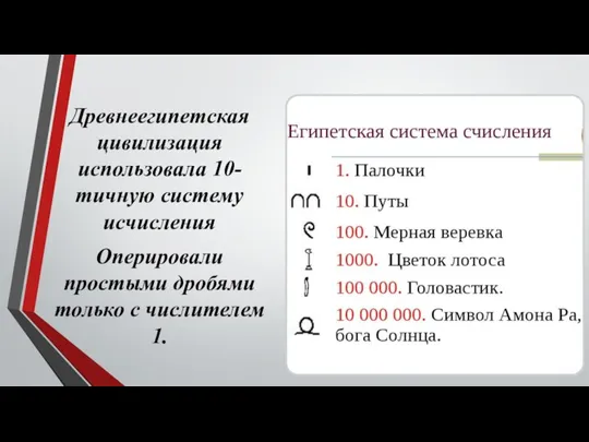 Древнеегипетская цивилизация использовала 10-тичную систему исчисления Оперировали простыми дробями только с числителем 1.