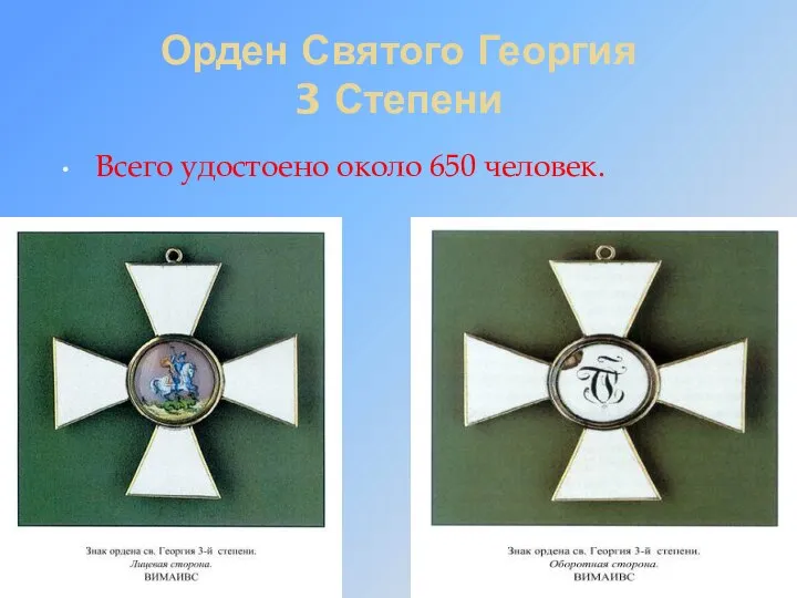 Орден Святого Георгия 3 Степени Всего удостоено около 650 человек.
