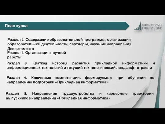 План курса Раздел 1. Содержание образовательной программы, организация образовательной деятельности, партнеры, научные