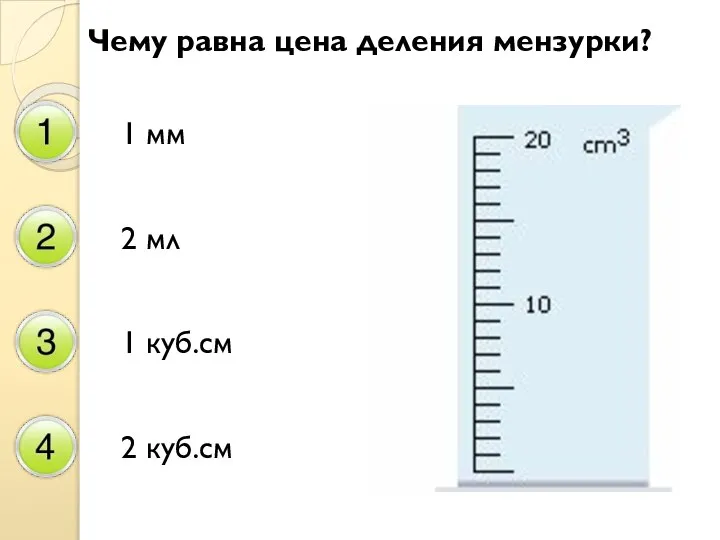 Чему равна цена деления мензурки? 1 мм 2 мл 1 куб.см 2 куб.см