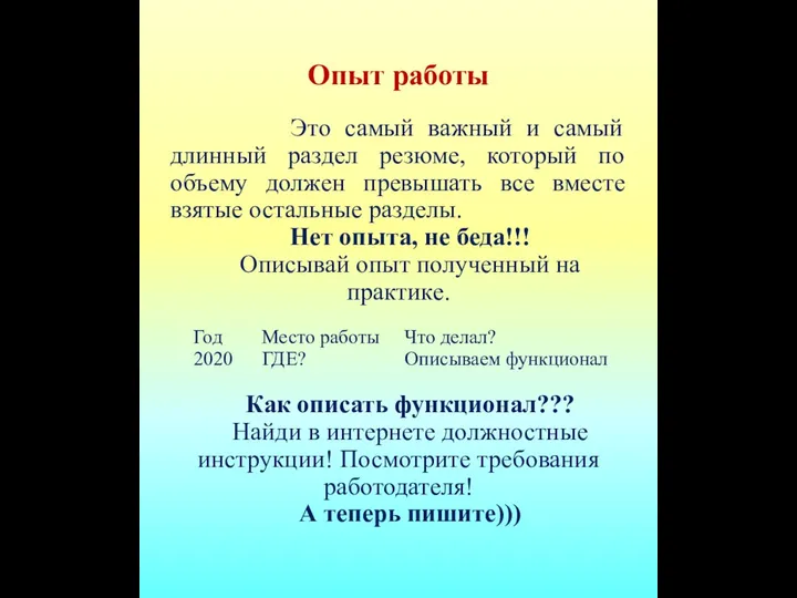 Опыт работы Это самый важный и самый длинный раздел резюме, который по