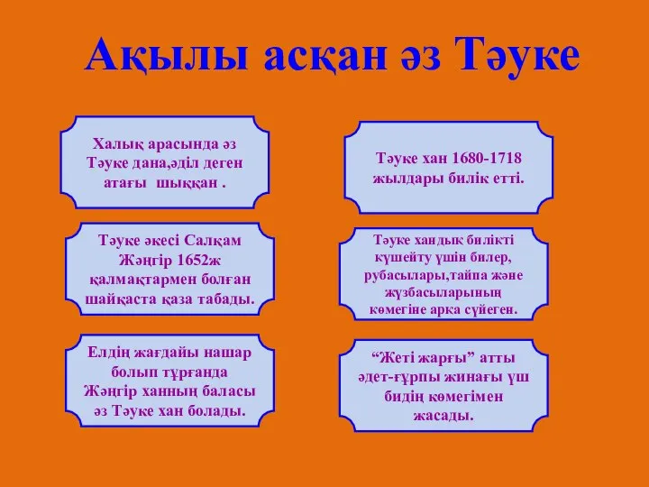 Ақылы асқан әз Тәуке Халық арасында әз Тәуке дана,әділ деген атағы шыққан