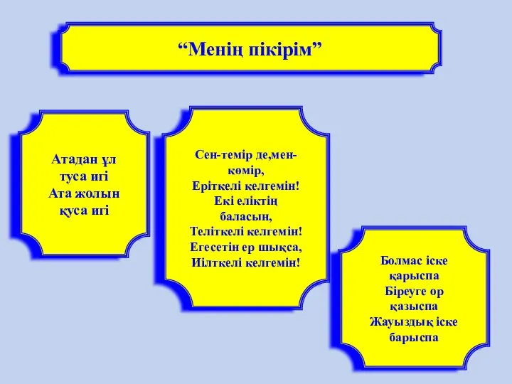 “Менің пікірім” Атадан ұл туса игі Ата жолын қуса игі Сен-темір де,мен-көмір,