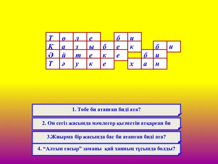 Сөзжұмбақ 1. Төбе би атанған биді ата? 2. Он сегіз жасында мәмлегер