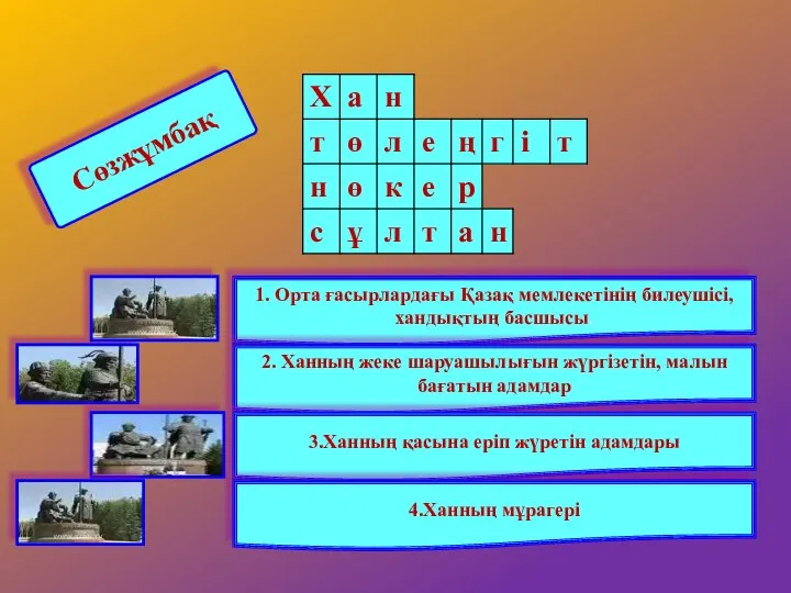 1. Орта ғасырлардағы Қазақ мемлекетінің билеушісі,хандықтың басшысы. 2. Ханның жеке шаруашылығын жүргізетін,