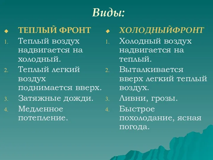 Виды: ТЕПЛЫЙ ФРОНТ Теплый воздух надвигается на холодный. Теплый легкий воздух поднимается