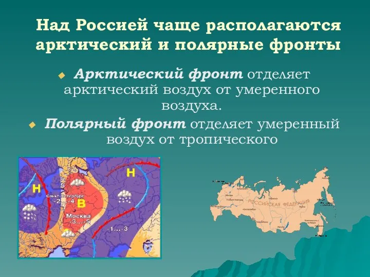 Над Россией чаще располагаются арктический и полярные фронты Арктический фронт отделяет арктический