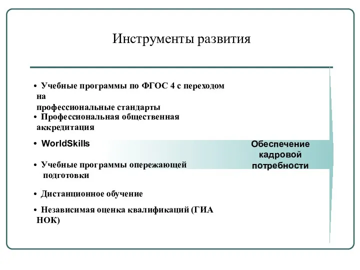 Инструменты развития Независимая оценка квалификаций (ГИА НОК) WorldSkills Учебные программы по ФГОС