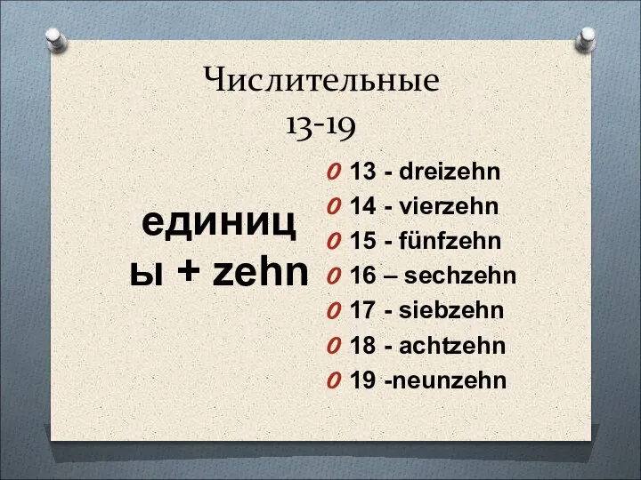 Числительные 13-19 единицы + zehn 13 - dreizehn 14 - vierzehn 15