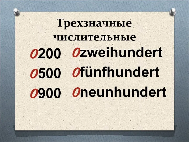 Трехзначные числительные 200 500 900 zweihundert fünfhundert neunhundert