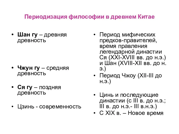 Периодизация философии в древнем Китае Шан гу – древняя древность Чжун гу