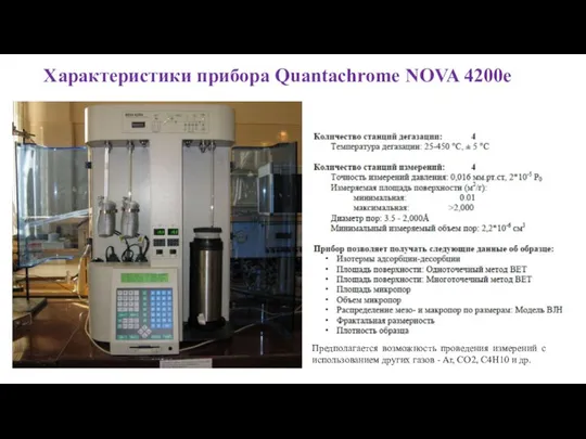 Характеристики прибора Quantachrome NOVA 4200e Предполагается возможность проведения измерений с использованием других