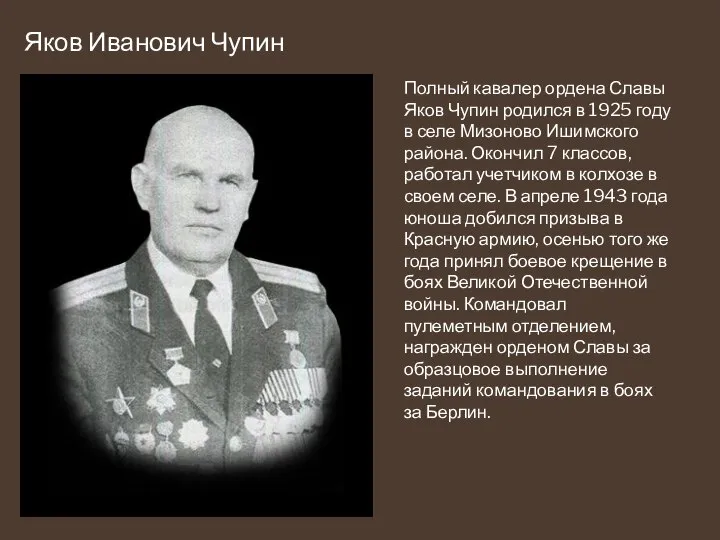 Яков Иванович Чупин Полный кавалер ордена Славы Яков Чупин родился в 1925