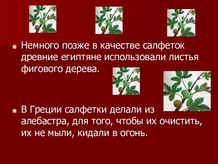 Немного позже в качестве салфеток древние египтяне использовали листья фигового дерева. В