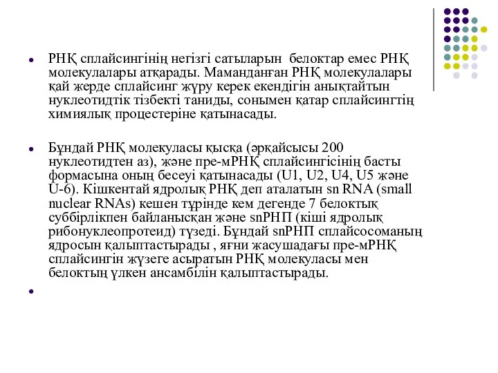 РНҚ сплайсингінің негізгі сатыларын белоктар емес РНҚ молекулалары атқарады. Маманданған РНҚ молекулалары