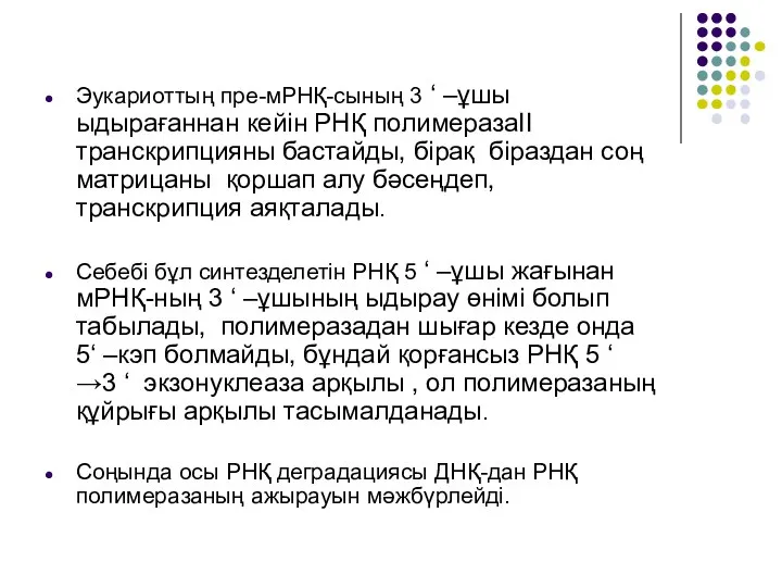 Эукариоттың пре-мРНҚ-сының 3 ‘ –ұшы ыдырағаннан кейін РНҚ полимеразаII транскрипцияны бастайды, бірақ