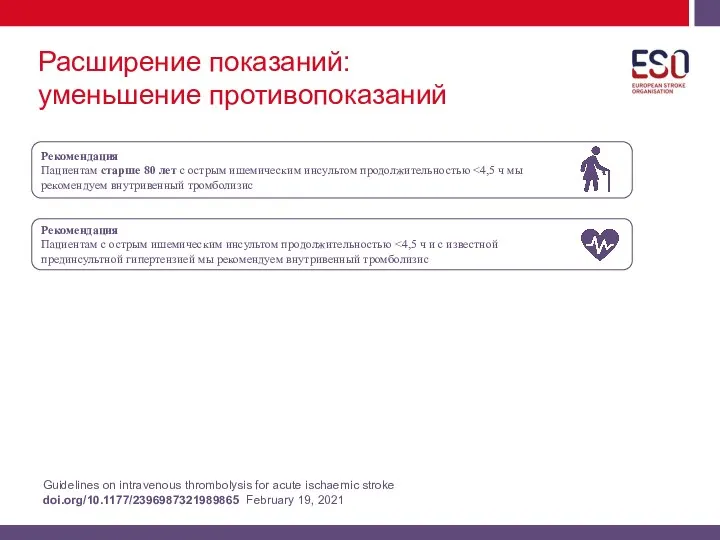 Расширение показаний: уменьшение противопоказаний Guidelines on intravenous thrombolysis for acute ischaemic stroke