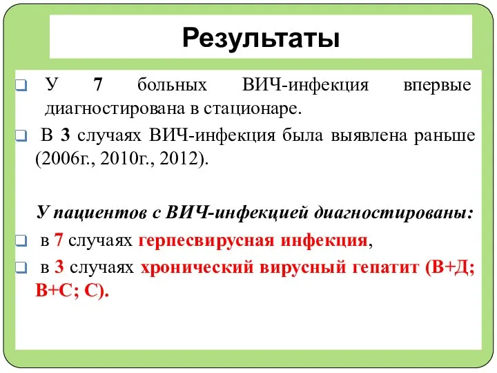 Результаты У 7 больных ВИЧ-инфекция впервые диагностирована в стационаре. В 3 случаях