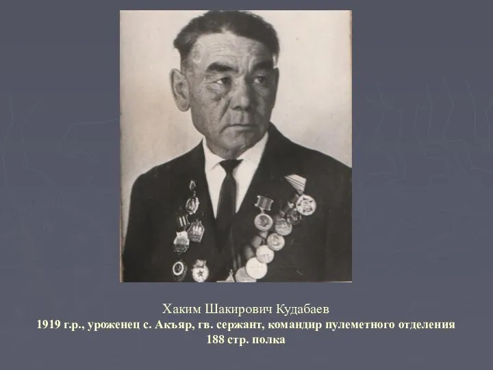 Хаким Шакирович Кудабаев 1919 г.р., уроженец с. Акъяр, гв. сержант, командир пулеметного отделения 188 стр. полка