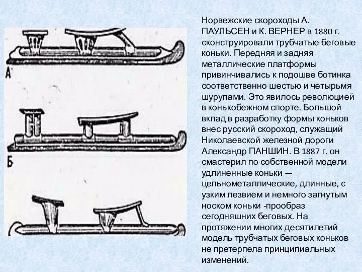 Норвежские скороходы А. ПАУЛЬСЕН и К. ВЕРНЕР в 1880 г. сконструировали трубчатые