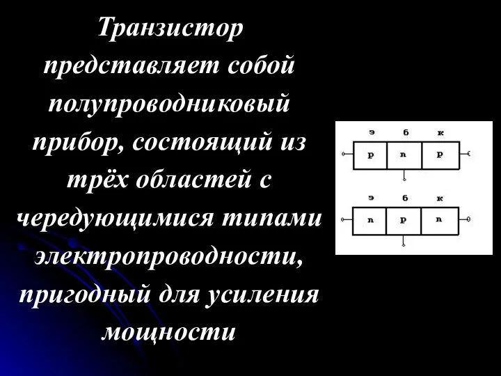 Транзистор представляет собой полупроводниковый прибор, состоящий из трёх областей с чередующимися типами