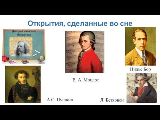 Открытия, сделанные во сне Нильс Бор А.С. Пушкин В. А. Моцарт Л. Бетховен