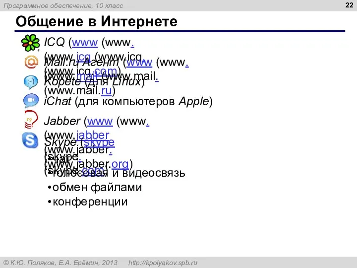 Общение в Интернете ICQ (www (www. (www.icq (www.icq. (www.icq.com) Mail.ru Агент (www