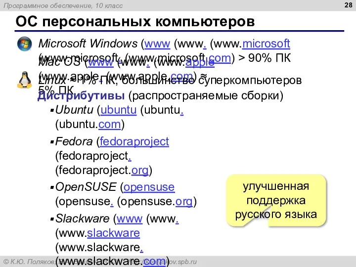 ОС персональных компьютеров Microsoft Windows (www (www. (www.microsoft (www.microsoft. (www.microsoft.com) > 90%