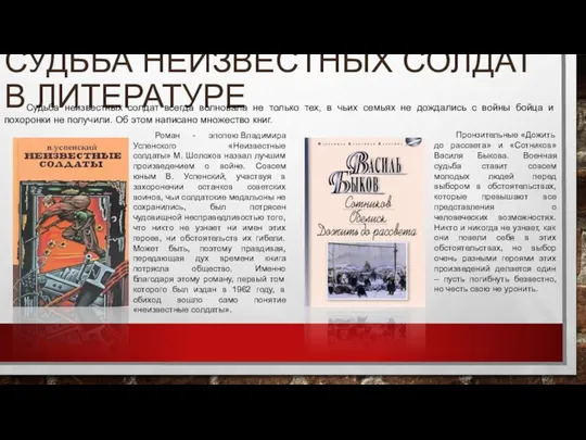 СУДЬБА НЕИЗВЕСТНЫХ СОЛДАТ В ЛИТЕРАТУРЕ Судьба неизвестных солдат всегда волновала не только