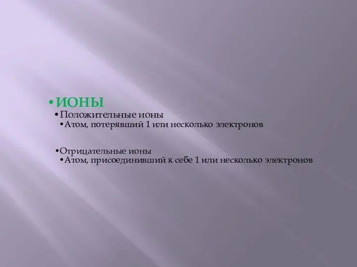 ИОНЫ Положительные ионы Атом, потерявший 1 или несколько электронов Отрицательные ионы Атом,