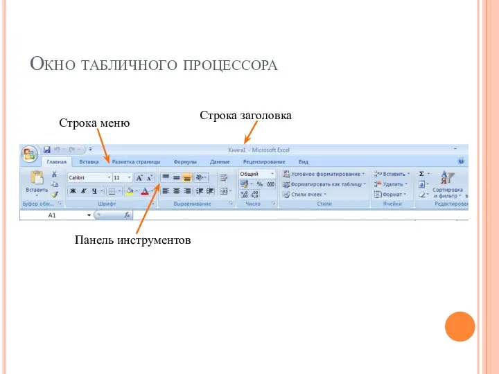 Окно табличного процессора Строка заголовка Строка меню Панель инструментов