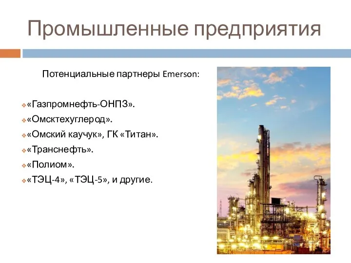 Промышленные предприятия Потенциальные партнеры Emerson: «Газпромнефть-ОНПЗ». «Омсктехуглерод». «Омский каучук», ГК «Титан». «Транснефть».