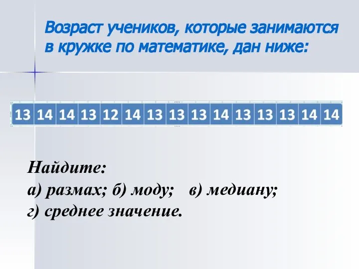 Возраст учеников, которые занимаются в кружке по математике, дан ниже: Найдите: а)