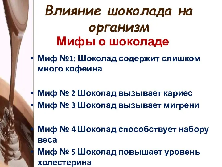 Влияние шоколада на организм Мифы о шоколаде Миф №1: Шоколад содержит слишком