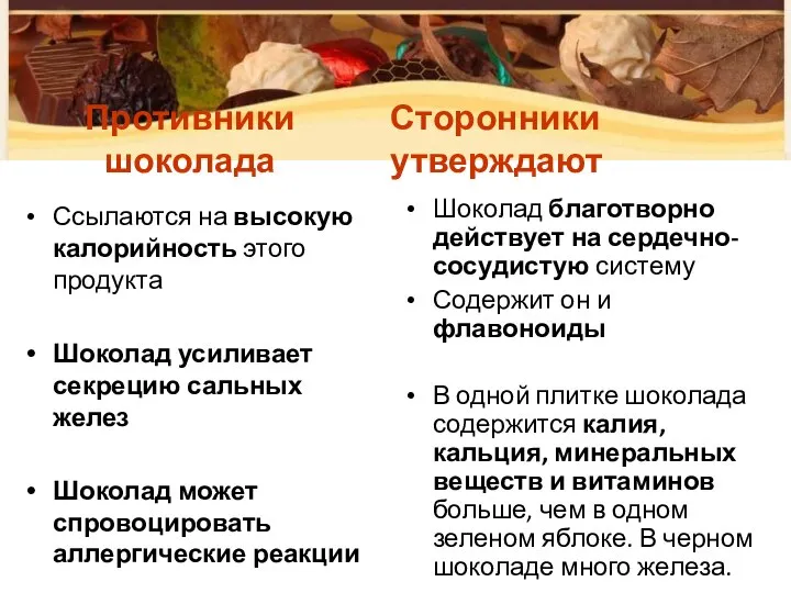 Противники шоколада Ссылаются на высокую калорийность этого продукта Шоколад усиливает секрецию сальных