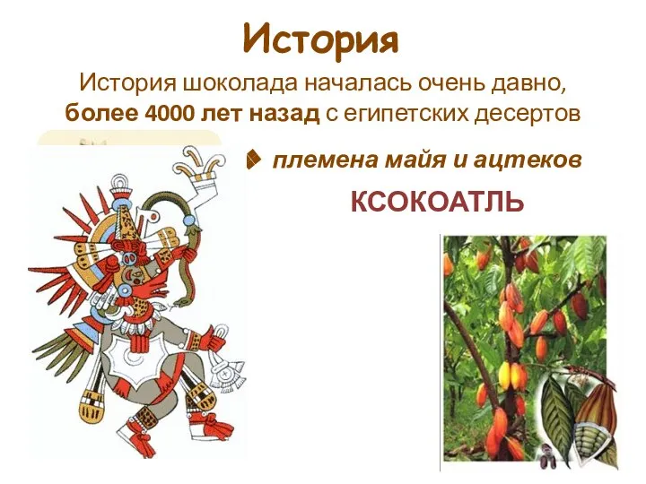 КСОКОАТЛЬ История История шоколада началась очень давно, более 4000 лет назад с