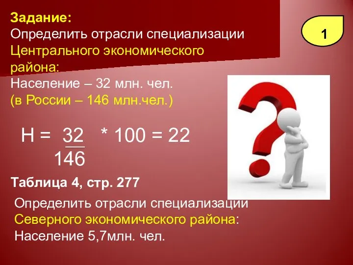 Задание: Определить отрасли специализации Центрального экономического района: Население – 32 млн. чел.