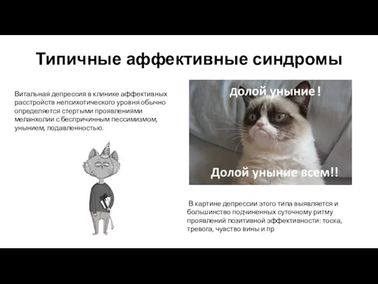 Типичные аффективные синдромы Витальная депрессия в клинике аффективных расстройств непсихотического уровня обычно