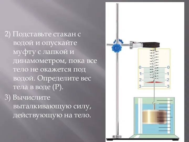 2) Подставьте стакан с водой и опускайте муфту с лапкой и динамометром,