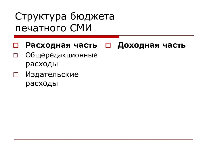 Структура бюджета печатного СМИ Расходная часть Общередакционные расходы Издательские расходы Доходная часть