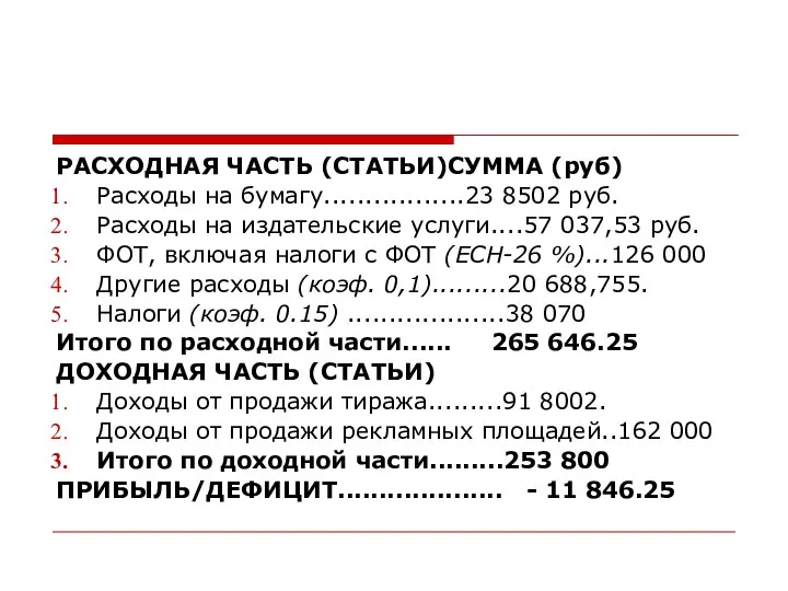 РАСХОДНАЯ ЧАСТЬ (СТАТЬИ)СУММА (руб) Расходы на бумагу.................23 8502 руб. Расходы на издательские