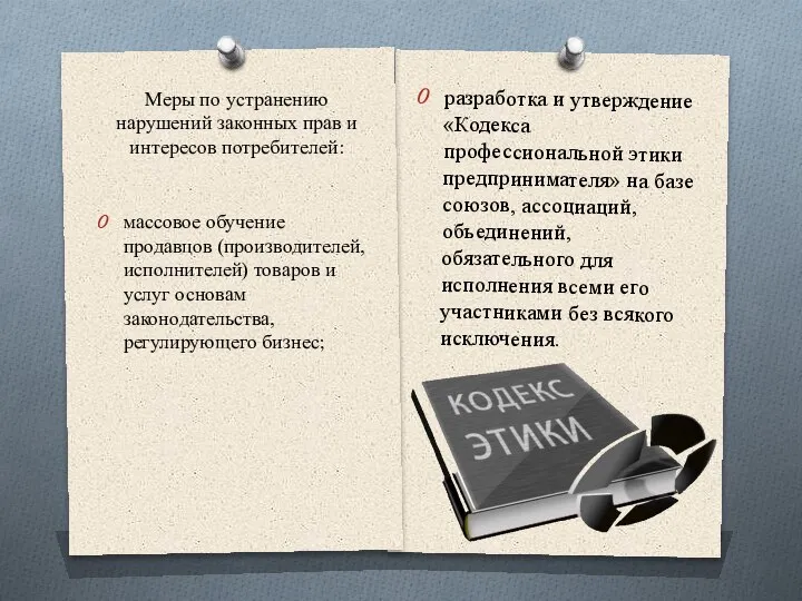 разработка и утверждение «Кодекса профессиональной этики предпринимателя» на базе союзов, ассоциаций, объединений,