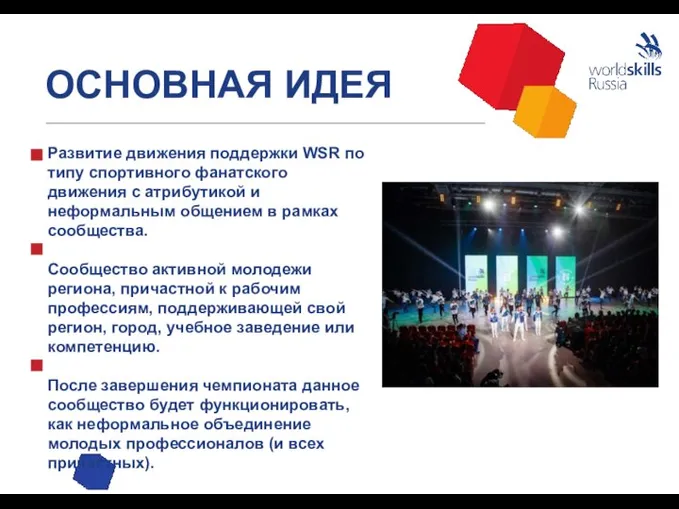 ОСНОВНАЯ ИДЕЯ Развитие движения поддержки WSR по типу спортивного фанатского движения с