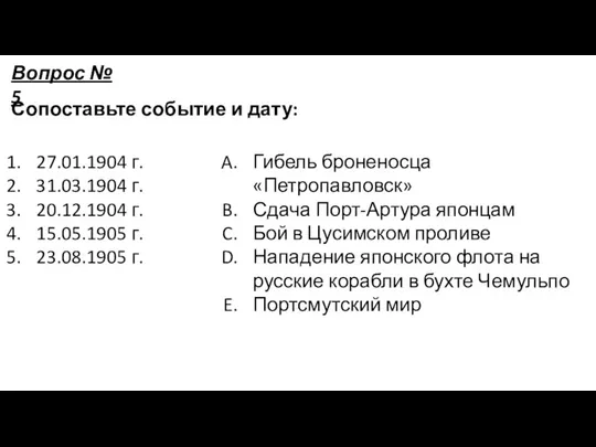 Сопоставьте событие и дату: 27.01.1904 г. 31.03.1904 г. 20.12.1904 г. 15.05.1905 г.