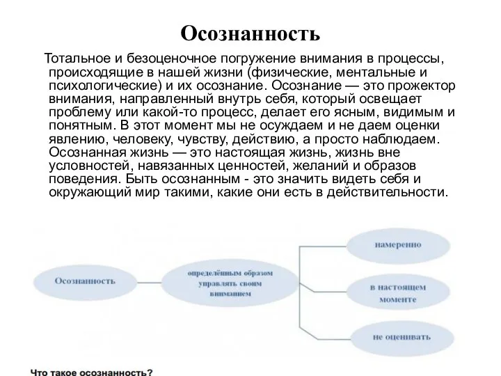 Осознанность Тотальное и безоценочное погружение внимания в процессы, происходящие в нашей жизни