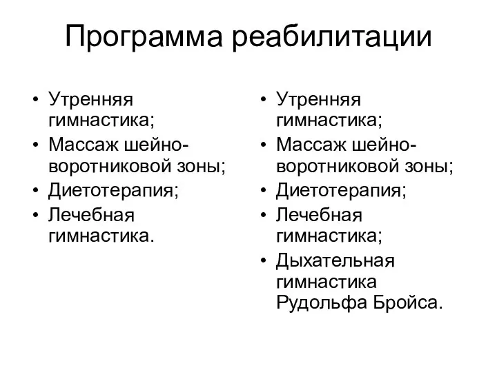 Программа реабилитации Утренняя гимнастика; Массаж шейно-воротниковой зоны; Диетотерапия; Лечебная гимнастика. Утренняя гимнастика;