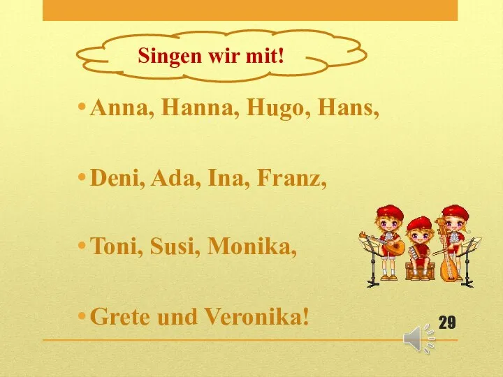 Anna, Hanna, Hugo, Hans, Deni, Ada, Ina, Franz, Toni, Susi, Monika, Grete