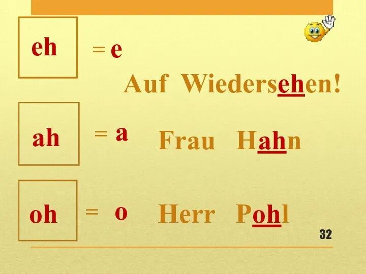 eh ah oh = = = e a o Auf Wiedersehen! Frau Hahn Herr Pohl