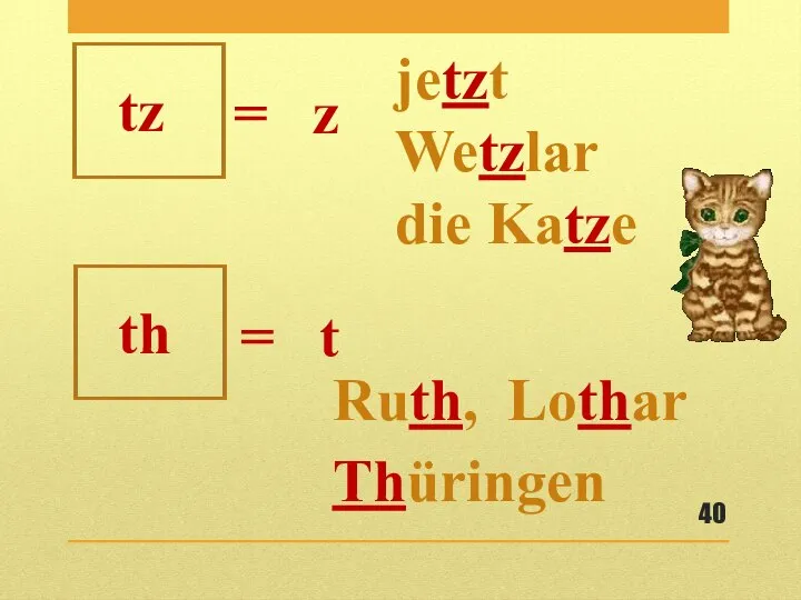 tz = z jetzt Wetzlar die Katze th = t Ruth, Lothar Thüringen