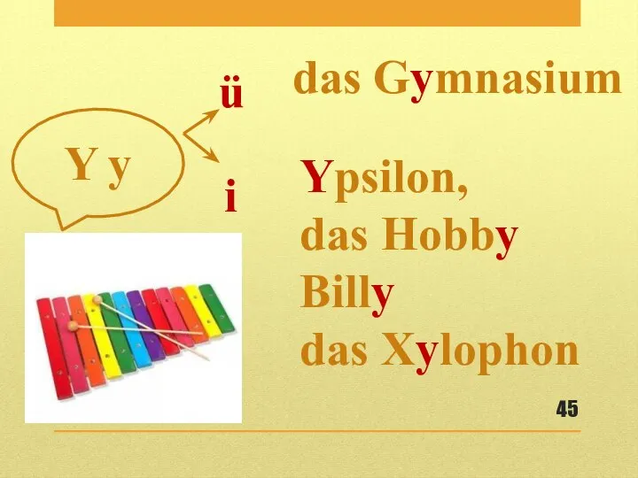 Y y Ypsilon, das Hobby Billy das Xylophon das Gymnasium i ü